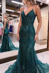 Long Dark Green Mermaid Prom Dress with Sparkly Sequins