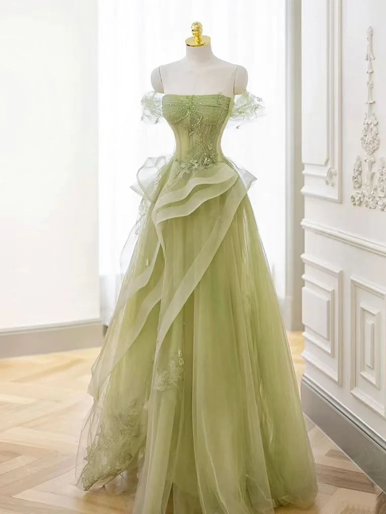 Tulle Off the Shoulder Sleeveless Long Formal Dress With Appliques