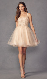 Attractive Champagne Spaghetti Strap Applique Knee Length Formal Dress