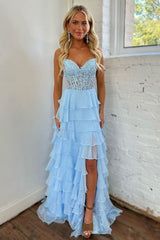 Light Blue Long Tiered Chiffon Prom Dress with Appliques in a Sweetheart A-Line