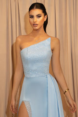 Sky Blue Mermaid Sleeveless Split Evening Dress With Sequins