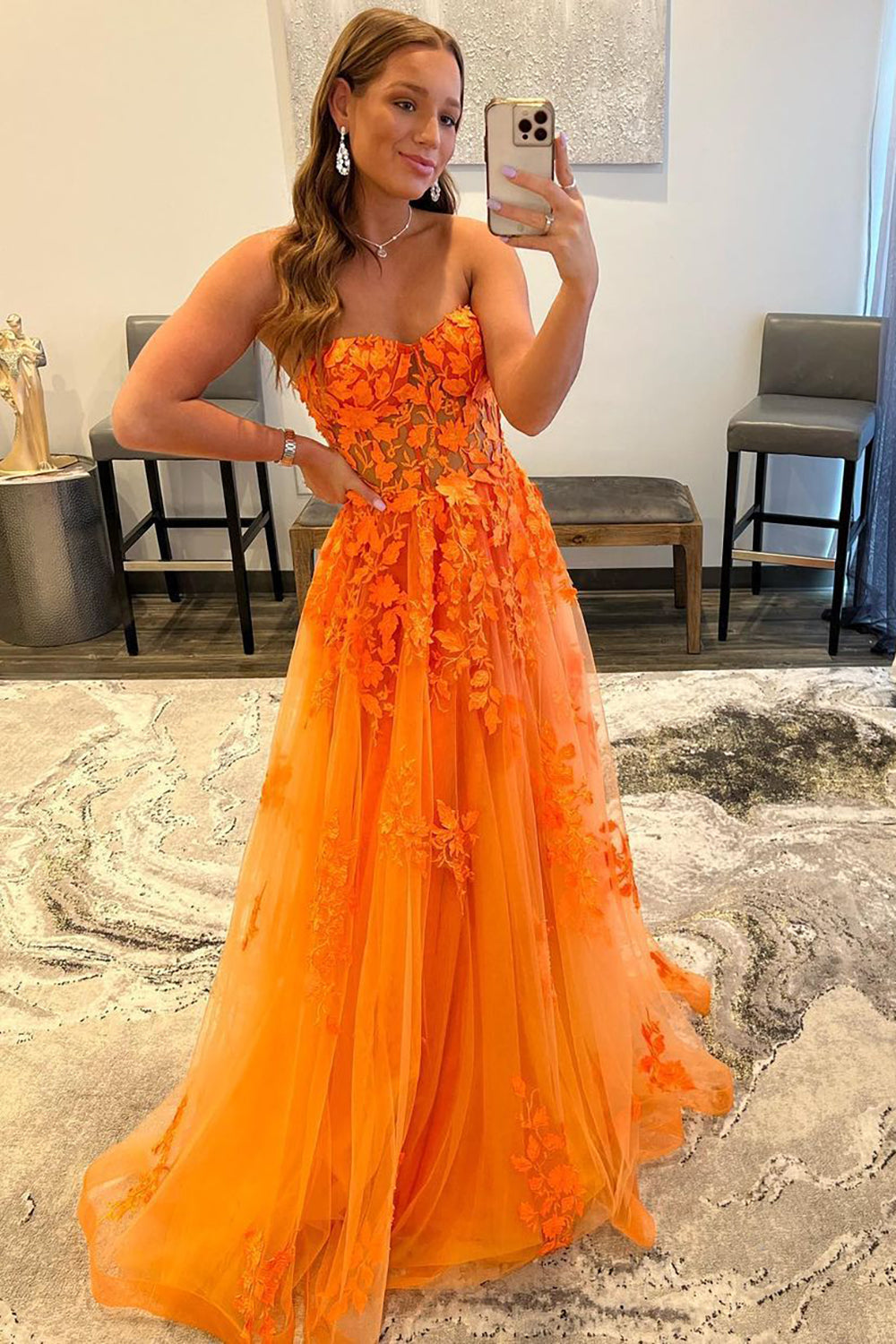 Long Prom Dress in Orange with Sweetheart Neckline and Appliques