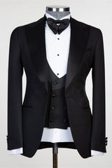 Edmund New Arrival Black Satin Peaked Lapel Men's Suits with Three-Piece
