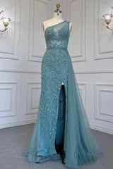 Elegant Beadings One Shoulder Tulle Evening Dress With Slit Rhinestone