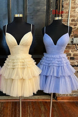 Glitter Blue A-Line Tulle Tiered Short Homecoming Dress/Mini Dress