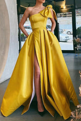 Long Yellow Prom Dress with One Shoulder A-Line and Front Split