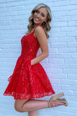 Sparkly Red Sequins A-Line Short Homecoming Dress/Mini Dress with Pockets