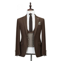 Elegant Brown Slim Fit Three-Piece Peaked Lapel Wedding Suit for Men