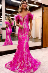Fuchsia Long Prom Dress with Feathers in a Mermaid Off-the-Shoulder Style