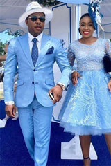 Stylish Slim Fit Blue Peaked Lapel Prom Attire for Guys with Two-Pieces
