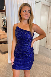 Royal Blue Glitter One Shoulder Tight Homecoming Dress/Mini Dress