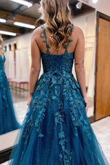 Long Blue Glitter A-Line Prom Dress with Lace