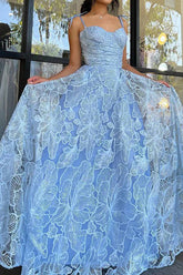 Elegant Blue Long Prom Dress with Lace and Spaghetti Straps in A-Line