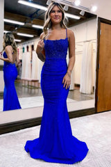 Royal Blue Long Prom Dress with Mermaid Spaghetti Straps and Appliques