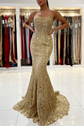 Gold Appliques Long Mermaid Evening Dress