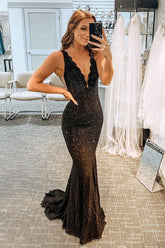 Long Black Lace Prom Dress with Elegant Glitter Rhinestones