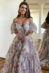 Elegant Off-the-Shoulder Pink Floral Corset Prom Dress with A-Line Silhouette and Sweep Train