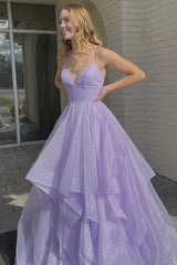 Lilac Long Prom Dress with Spaghetti Straps and Ruffles in A-Line Style