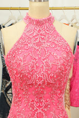 Pink Open Back Halter Lace Tight Short Homecoming Dress/Mini Dress