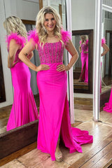 Hot Pink Plus Size Prom Dress with Mermaid Square Neck and Feather Beading