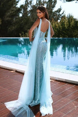 Sky Blue Spaghetti Strap Beading Mermaid V Neck Formal Dress Sequins With Split