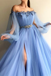 Long Sleeves Off-the-Shoulder Evening Dress With Beads