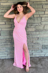 V-Neck Prom Dress in Light Pink with Sequins and Slit