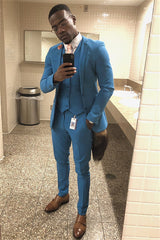 Handsome Ocean Blue Three-Piece Homecoming Prom Suit for Boy with Notch Lapel