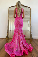 Sequined Mermaid Prom Dress with Deep V-Neck in Fuchsia