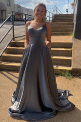 Long Backless Prom Dress with Grey Spaghetti Straps