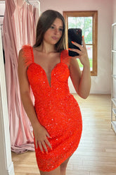 Sparkly Orange Sequins Tight Short Homecoming Dress/Mini Dress with Feathers