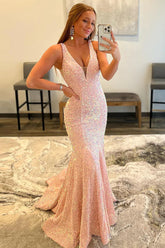 Pink Sequined Long Prom Dress with Mermaid Deep V Neckline