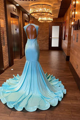 Blue Sleeveless Beading Mermaid Evening Dress