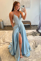 A Line Prom Dress with Blue Spaghetti Straps