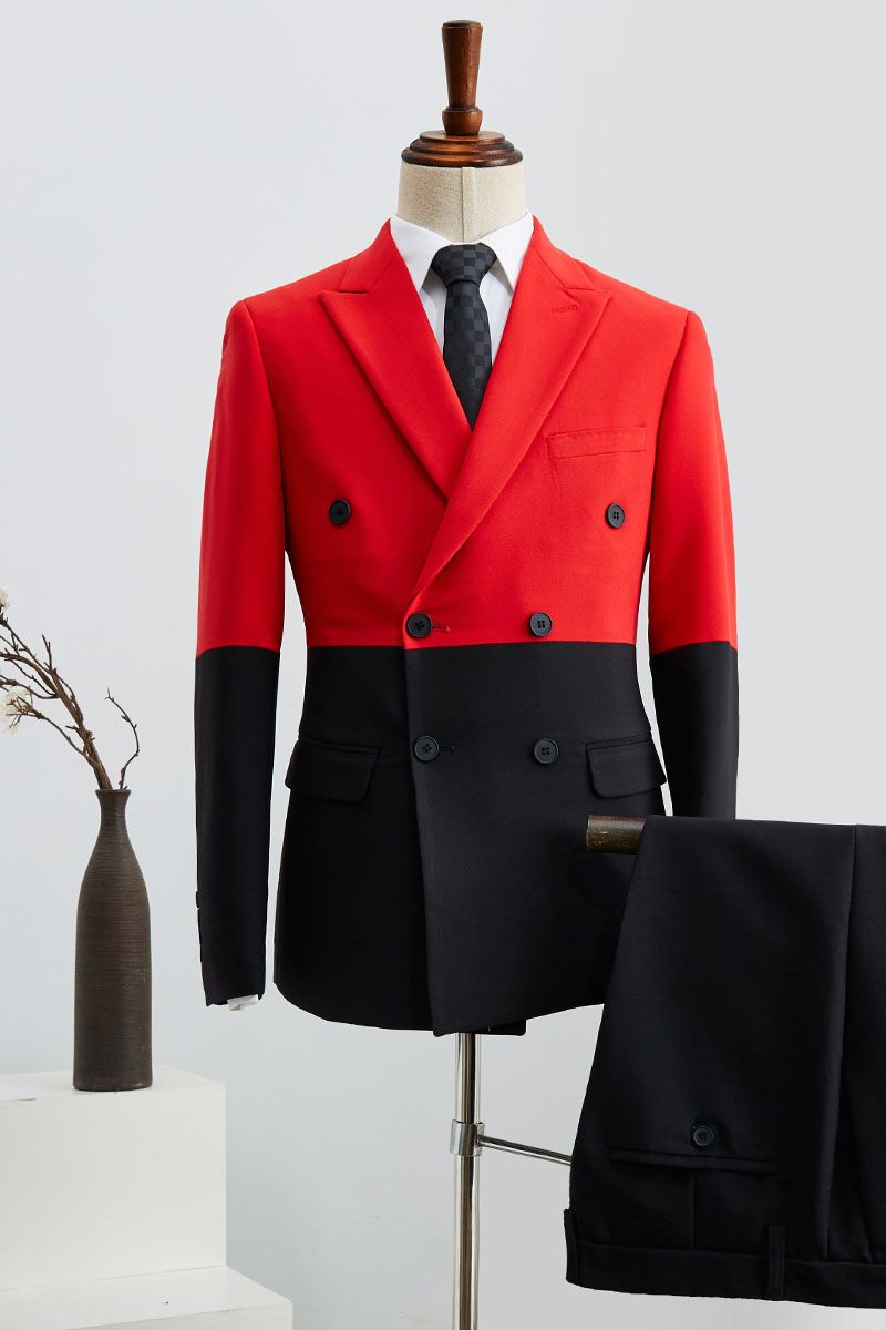Glamorous Peaked Lapel Black and Red Stitching Suit for Man Double-Breasted