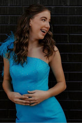 Sparkly Blue Sequined One Shoulder Tight Short Homecoming Dress/Mini Dress with Feathers
