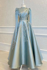 High Collar Long Sleeves A Line Beads Formal Dress With Pleated Appliques
