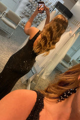 Long Black Lace Prom Dress with Elegant Glitter Rhinestones
