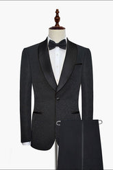 Classic Black Jacquard Wedding Tuxedo Shawl Lapel Silk One-Button Wedding Suits for Men