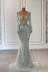 Light Green Long Sleeves V-Neck Evening Dress Mermaid With Sequins Beads