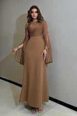 Charming Long Sleeves Jewel High Waist Long Formal Dress With Ruffles