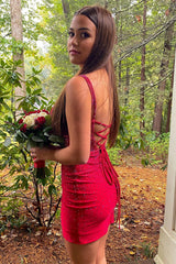 Sparkly Red Spaghetti Straps Beaded Tight Short Homecoming Dress/Mini Dress