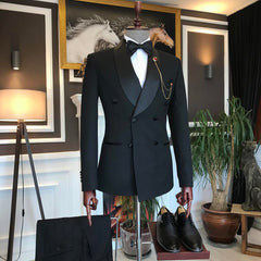 Stylish Slim-Fit Black Shawl-Lapel Tailored Men's Suit with Double-Breasted Style