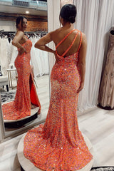 Orange Sequined Long Prom Dress with Mermaid Cut and Front Slit