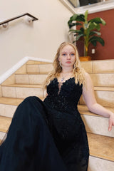 A-Line Prom Dress with Black Spaghetti Straps and Appliques