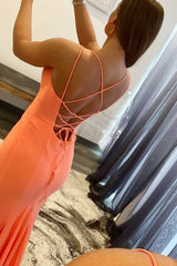 Blackless Mermaid Prom Dress with Orange Spaghetti Straps