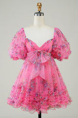 Fuchsia Puff Sleeves A-Line Floral Short Homecoming Dress/Mini Dress with Ruffles
