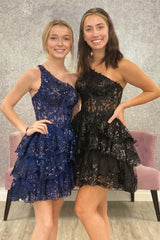 Sparkly Black Tiered Lace One Shoulder Short Homecoming Dress/Mini Dress