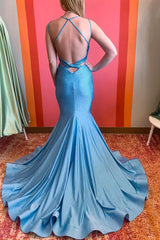 Light Blue Long Prom Dress with Mermaid Spaghetti Straps and Beading