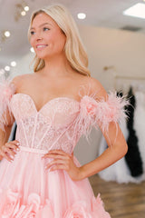 Pink Off-the-Shoulder Princess A-Line Corset Prom Dress with Feather